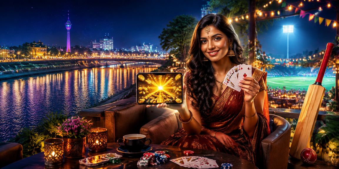 Ahmedabad riverfront with cricket betting market at night