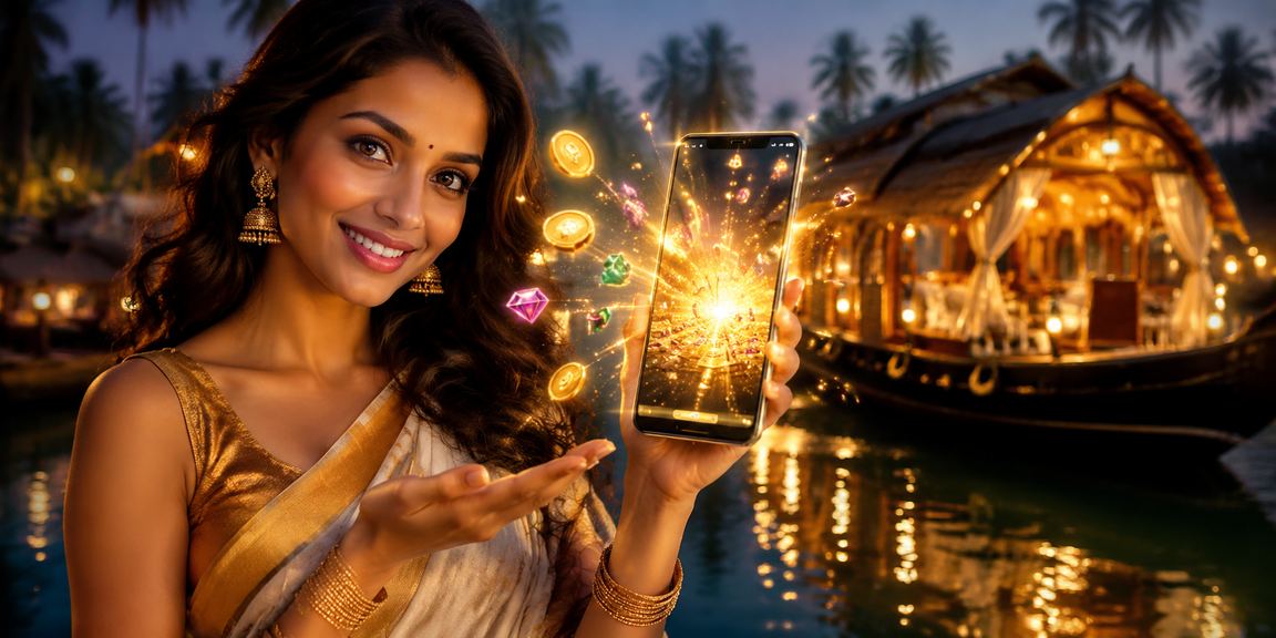 Indian woman using mobile phone for deposit bonus near Kerala backwaters
